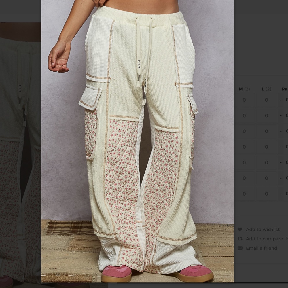 POL Irene Cream and Pink patchwork floral wide leg cargo lounge Pants sz L